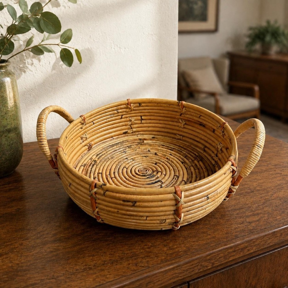 Vintage Coiled Rattan Basket - Boho Woven Cane Bowl - Two Handle Fruit Basket